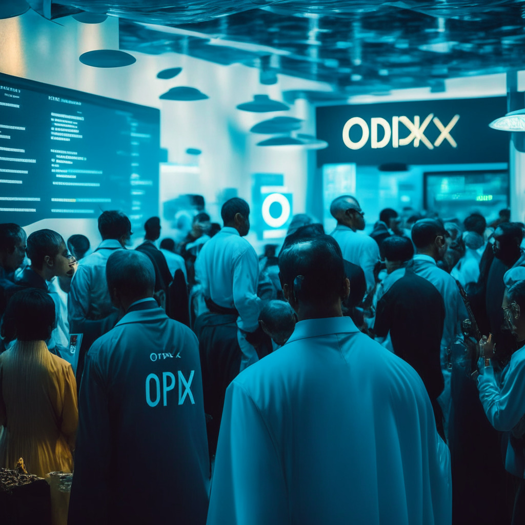 Crypto exchange scene in Dubai with OPNX under scrutiny, dimly-lit atmosphere, concerned investors, authorities enforcing rules, tension between compliance and innovation, balances and scales representing regulatory standards, futuristic digital assets, overall mood of uncertainty and caution.