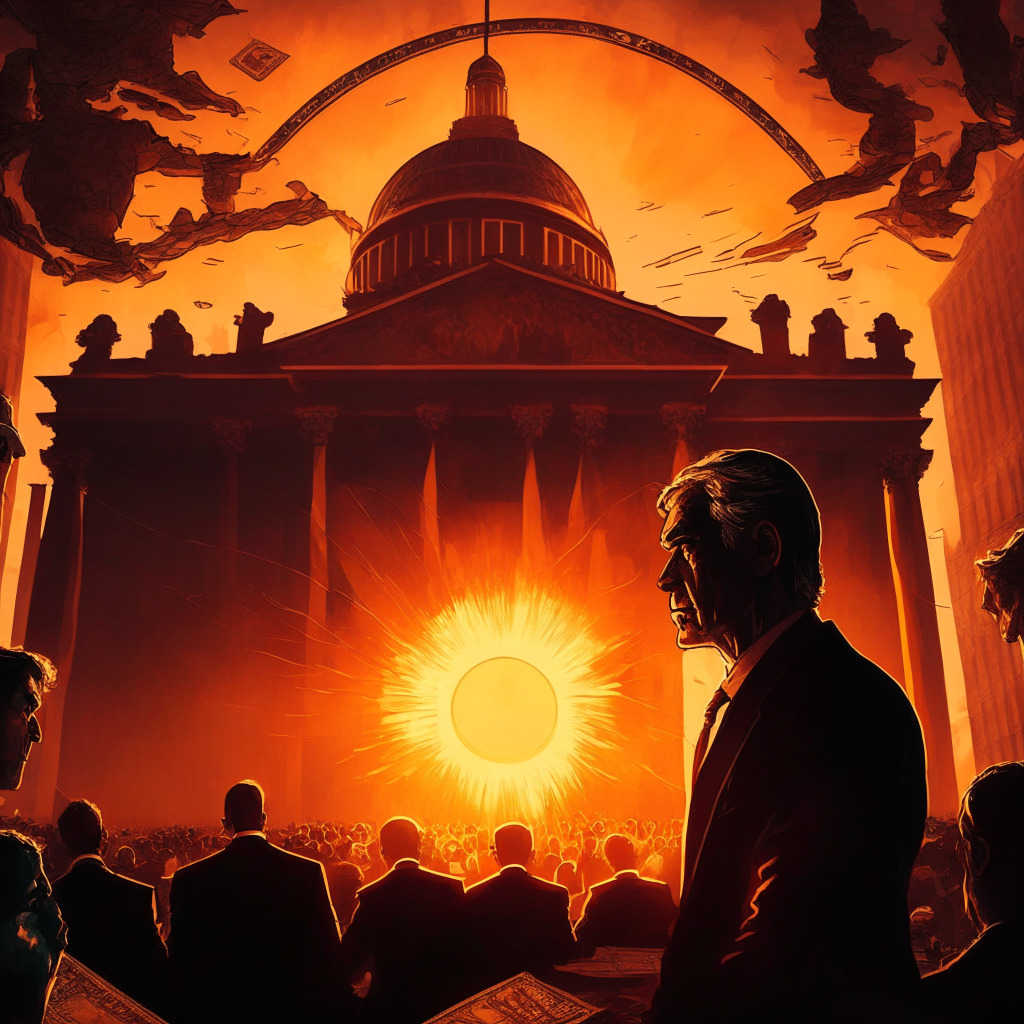 Sunset-lit financial world, FOMC meeting backdrop, intense mood, chiaroscuro shading, Jerome Powell at center, crypto coins scattered, Bitcoin grappling with $30k barrier, fluctuating interest rates, emotion-filled faces, air of anticipation, baroque style, dramatic scene, sense of uncertainty.