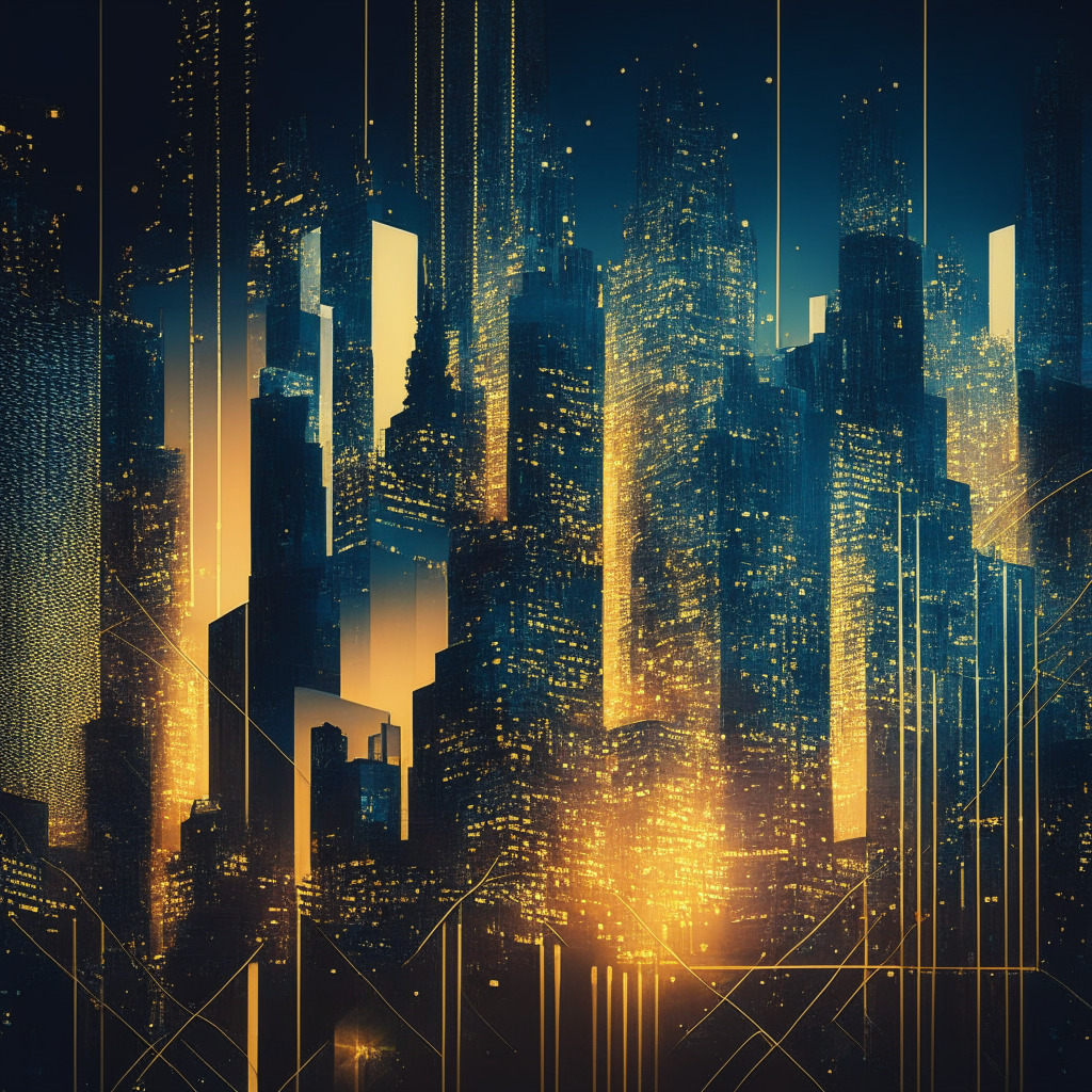 Intricate financial scene, evening cityscape, illuminated skyscrapers, digital asset trading platform, Japanese crypto liquidity provider, energetic partnership, subtle challenges, glowing optimism, subtle hues of blues and golds, smooth textures, interconnected networks, dynamic and transformative mood.