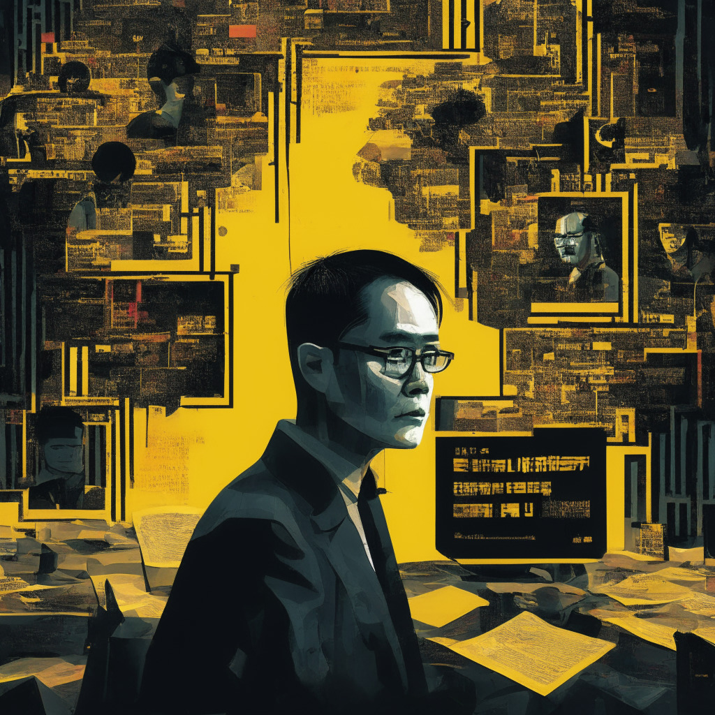 AI-generated controversy, Binance CEO & Chinese Communist Party, debate on AI's role in journalism, moody cybernetic atmosphere, shadowy connections, intricate newsroom with human editors, fact-checking in the spotlight, subdued colors, tension between technology & ethics, futuristic artistic style.