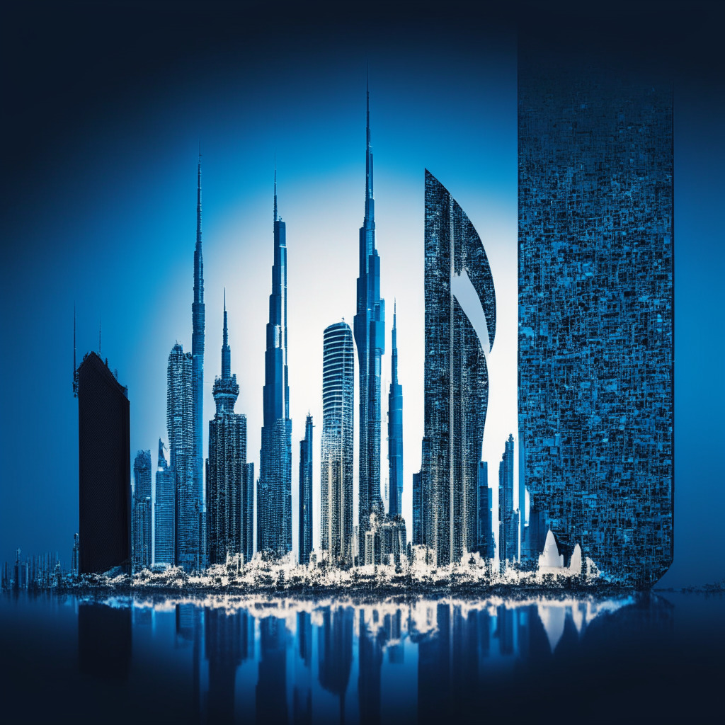 Dubai financial skyline, blockchain intertwining with legal chains, contrast between light & shadow, palette of cool blues, Virtual Asset Regulator Authority surveilling, tense & vigilant atmosphere, prominent co-founders in spotlight, optimism vs uncertainty, blend of innovation & regulation.