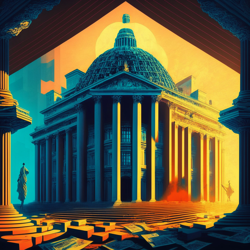 Cryptocurrency tax reform landscape, intricate government building, serious mood, chiaroscuro lighting, bold colors, surrealism style, taxpayers' concerns, market volatility, contrasting light and shadows, risk aversion, potential industry impact, evolving financial technology.
