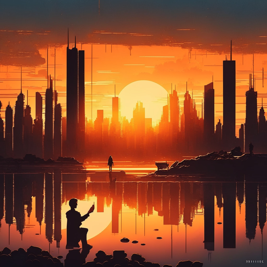 Intricate crypto-exchange scene, warm-toned sunset, blending traditional finance & blockchain elements, legal scales balancing innovation & compliance, somber & hopeful atmosphere, gentle silhouettes of cityscape, futuristic & elegant style, subtle spotlight on Coinbase. (242 characters)