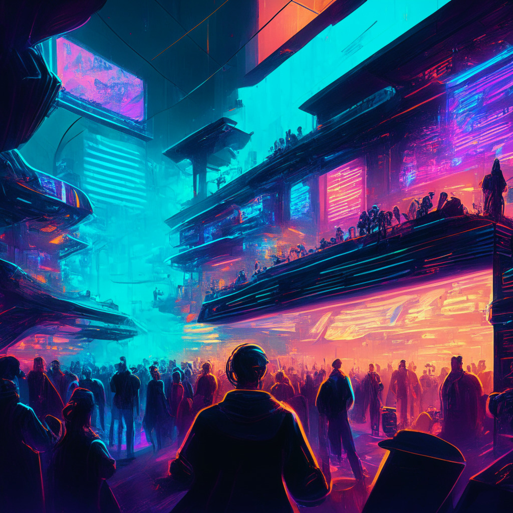 Intricate NFT marketplace, collateralized lending protocol scene, vibrant color contrasts, sleek digital art style, glowing futuristic light setting, energetic crowd interacting with platform, underlying unease and tension, dynamic fluctuating environment, cryptic SEC presence looming, innovation and risk coexisting in balance. (349 characters)