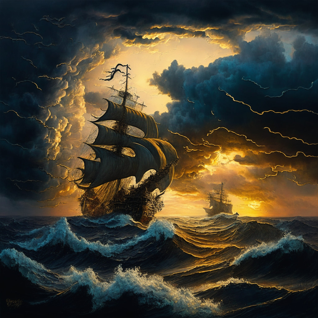 Stormy financial seascape with Bitcoin ship, dark turbulent waves, diverse altcoin vessels, looming storm clouds, subdued sunset, Tempestuous Baroque style, underlying golden horizon, ambivalent mood, hint of future hope, whirlwind of uncertainty, innovative spirit amidst chaos.