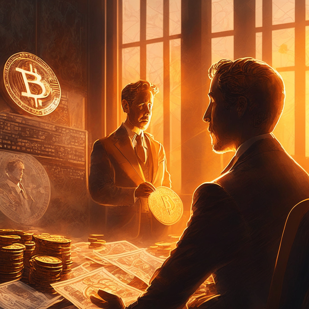 Intricately detailed cryptocurrency exchange scene, artistic styles blending realism and impressionism, warm soft glow of golden-hour light, a loyal and hopeful investor overlooking complex graphs, dynamic contrasting shadows, confident yet pensive mood, subtle hints of turbulence in the background.