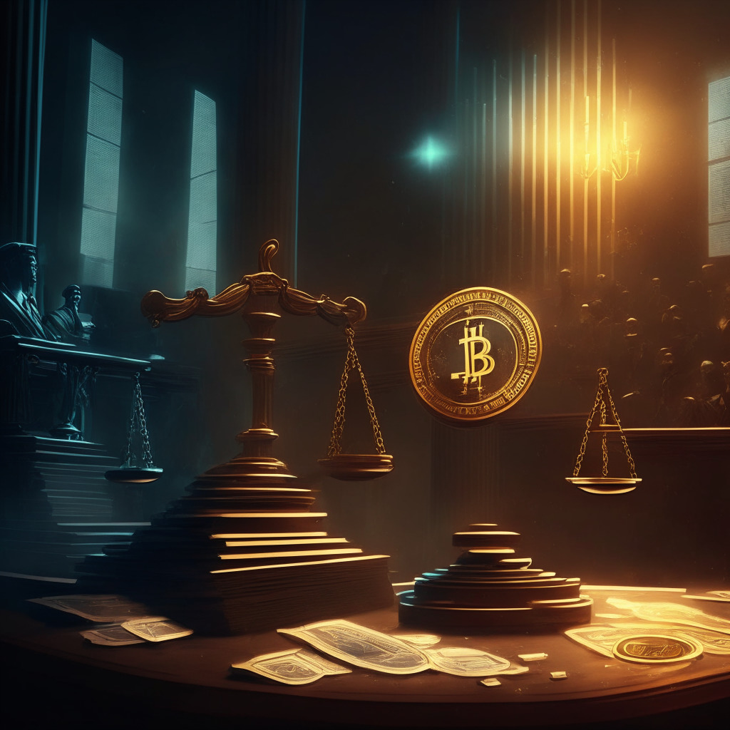 Cryptocurrency exchange under scrutiny, scales of justice balanced on a golden blockchain, dimly lit courtroom with chiaroscuro effects, contrasting emotions of fairness and stifled innovation, stern regulator holding a hefty penalty document, anxious startup founder, thought-provoking and dynamic tones.
