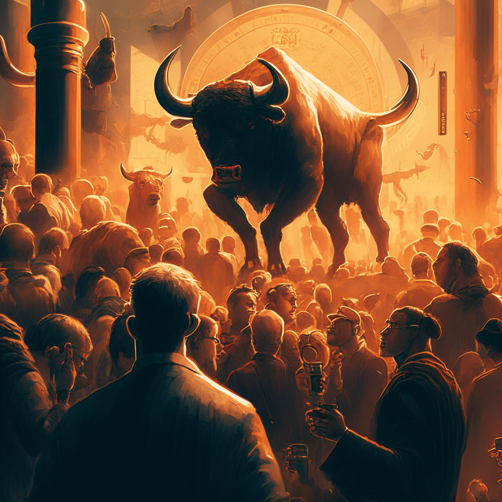 Intricate crypto market scene, contrasting light and shadows, futuristic artistic style, an air of uncertainty, intense facial expressions, ancient and digital time indicators, a rallying crowd holding Bitcoin coins, warm and cold color palette, tense atmosphere, investors closely monitoring, a balancing scale with bulls and bears, tempered optimism, vigilant eyes.