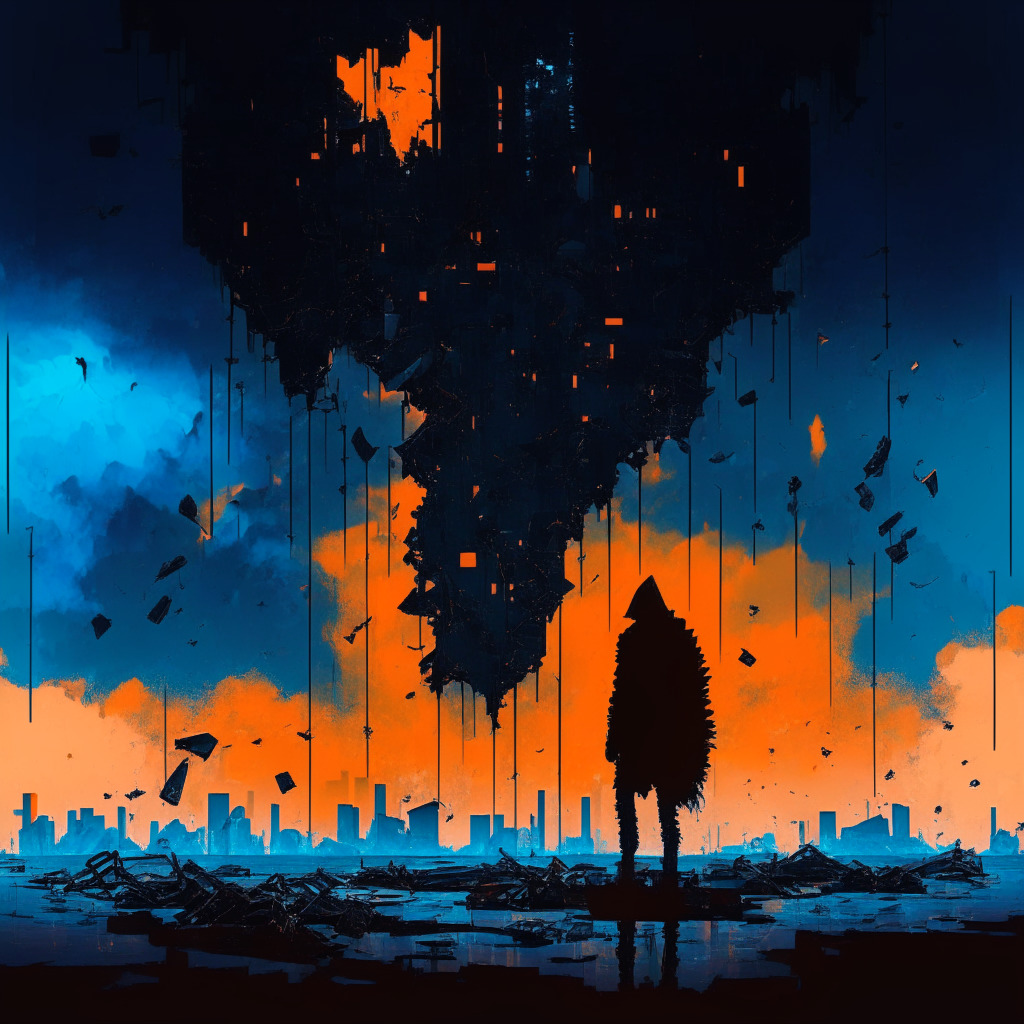 Dark, abstract digital landscape, futuristic skyline, broken chains, glitch art style, melancholic mood, ominous storm clouds, contrasting cool blue and warm orange tones, whispers of code fading into the sky, shattered coins amidst wreckage, a lone hacker silhouette lurking in the shadows.