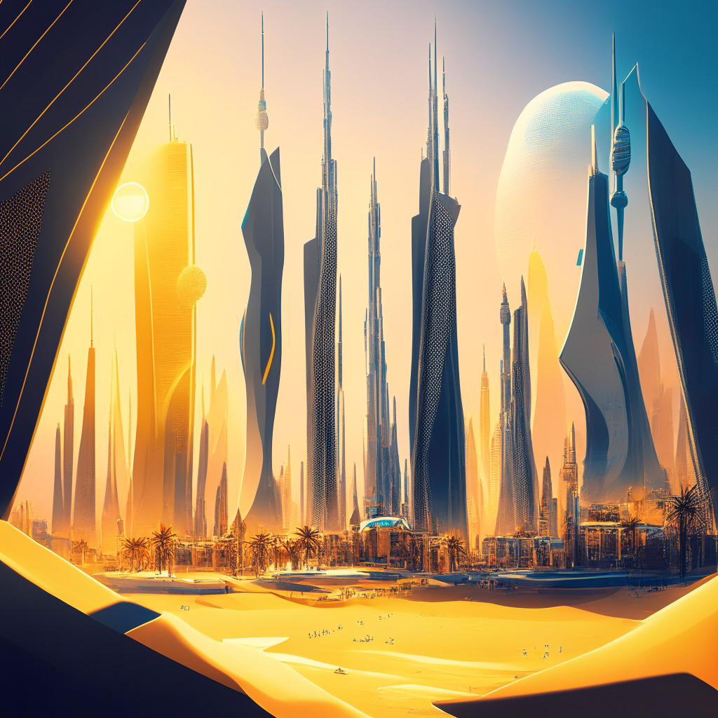 Dubai-inspired futuristic cityscape, crypto lending platforms, Bybit, Binance, KuCoin, high-rise buildings, luxurious lifestyle, desert background, intense sunlight, shadows cast by the city, dynamic trading atmosphere, excited users earning passive income, advanced traders conducting trades, holographic projections of Bitcoin and Ethereum, risk vs return visualized, blend of realism and abstract art, bold colors, lively mood.