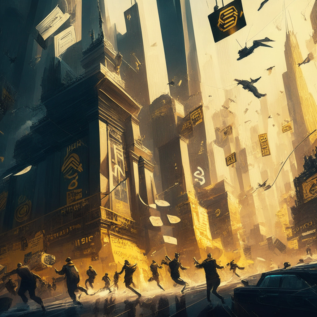 Intricate cityscape with traders rushing, dynamic lighting, lively art style, diverse currency symbols floating, tension-filled atmosphere, Binance building looming, caution signs, balancing scale with TUSD and USDC, high borrowing rate numbers, 20% profit banner.