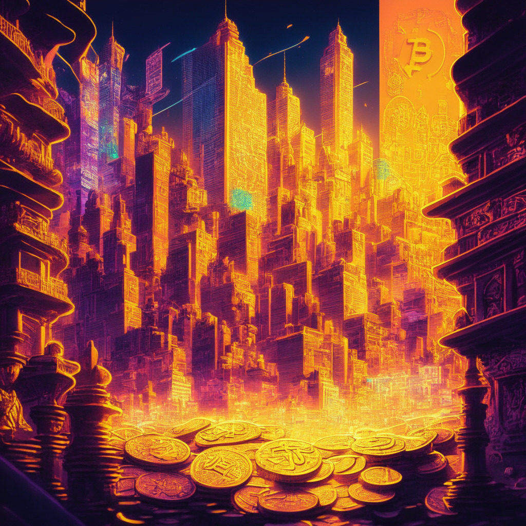 Intricate cityscape with neon-infused palette, diverse cryptocurrencies represented as golden coins, Bitcoin & Ethereum coins ascending, subtle spotlight effect highlighting Stacks coin, PEPE token shining amidst slight chaos, lively trading scene, optimistic mood, shades of financial uncertainty.