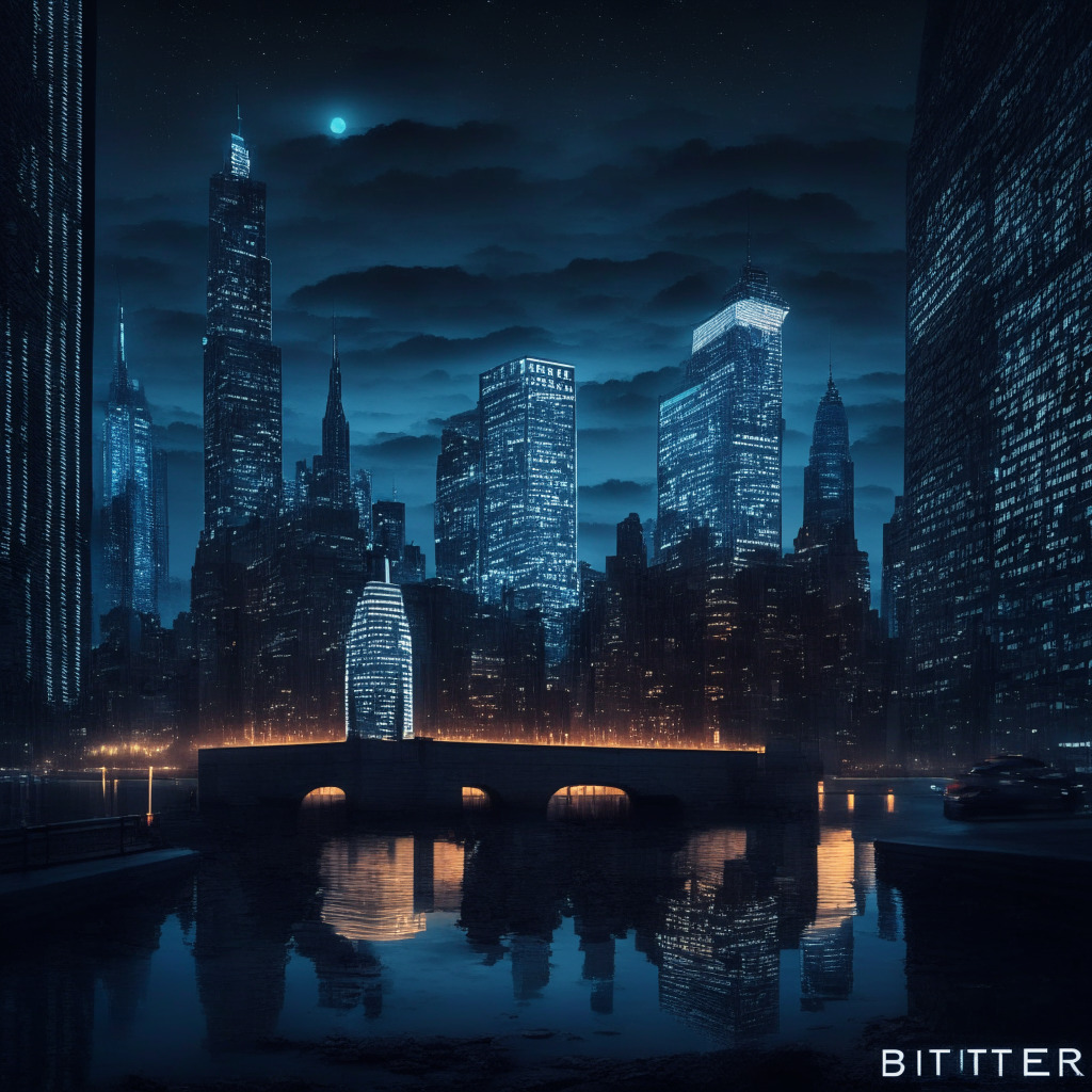 Cryptocurrency regulation scene, NY skyline at dusk, imposing government building, digital display with $1.2M fine, BitFlyer logo in the shadows, somber mood, compliant exchanges glowing in the background, collaboration bridge between regulators & exchanges, chiaroscuro lighting, futuristic cyber-security shields surrounding buildings.