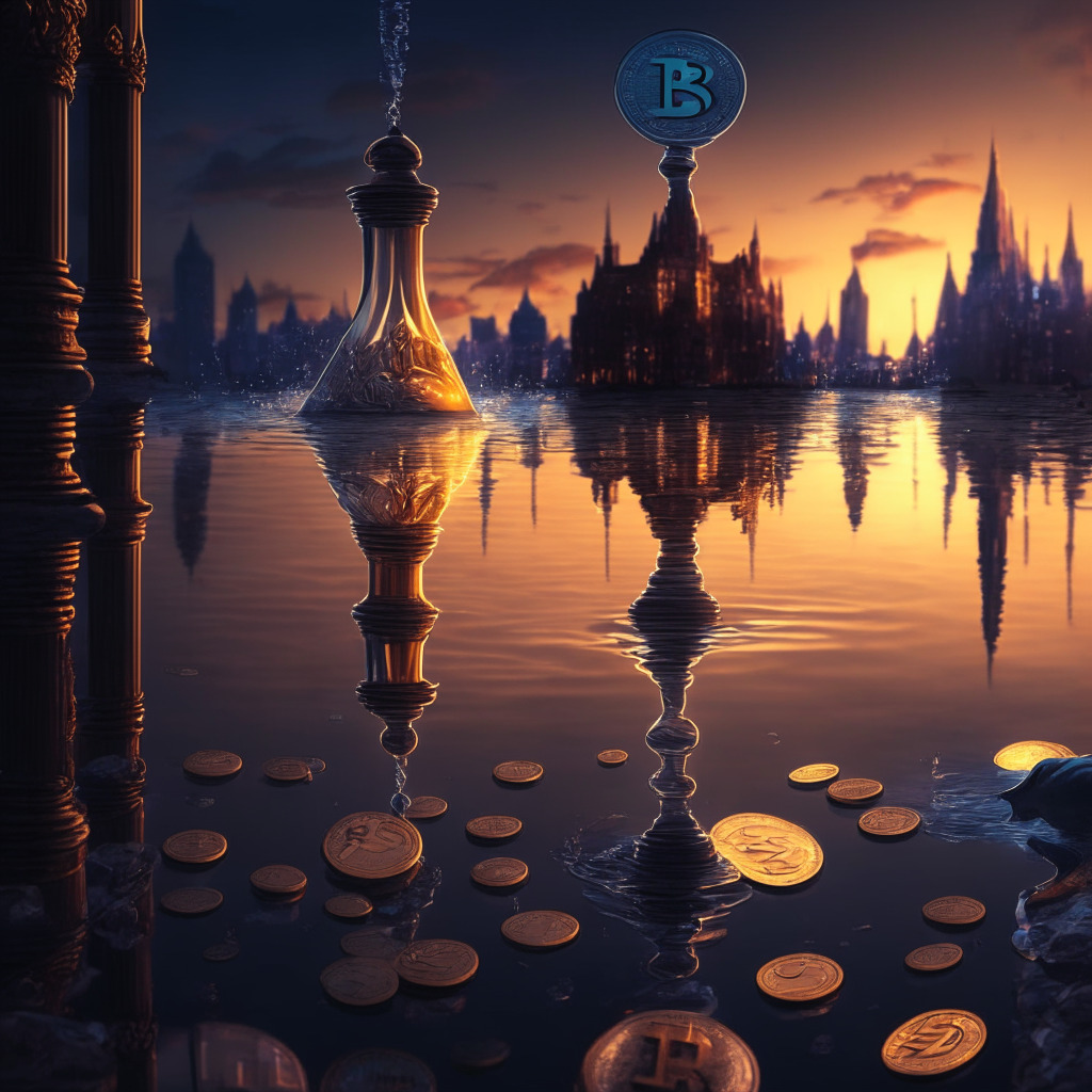 Ethereum nearing $1,900, Bitcoin rebounds, twilight cityscape with illuminated coins, baroque art style, warm light reflecting on water, contrasting shadows, mood of uncertainty and anticipation, market bulls and bears in the background, an hourglass hinting at Federal Reserve rate decision.