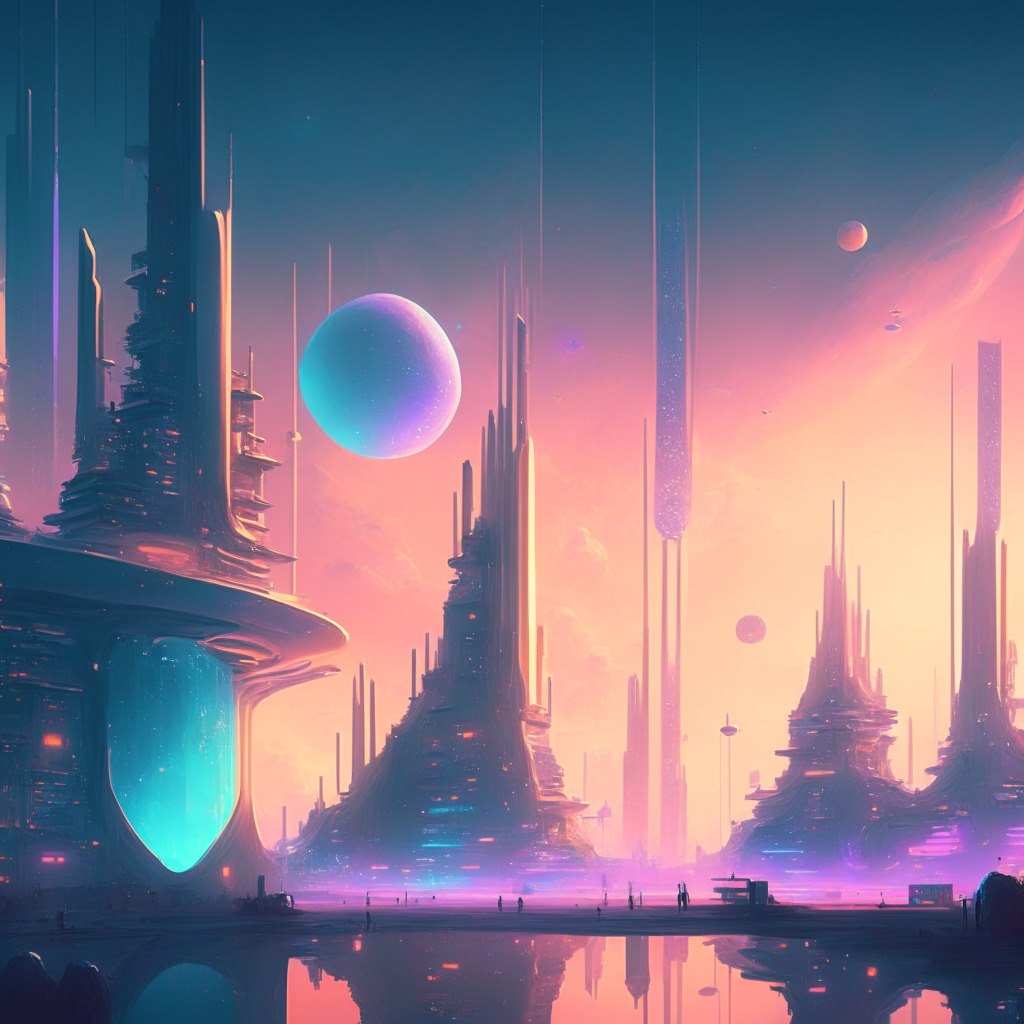 Futuristic cosmic city with blockchain elements, diverse network connections, intriguing liquid staking coins, serene pastel hues, twilight setting, painterly style, mood of innovation and progress, staking rewards glowing subtly, enticing yield opportunities, underlying sense of anticipation.