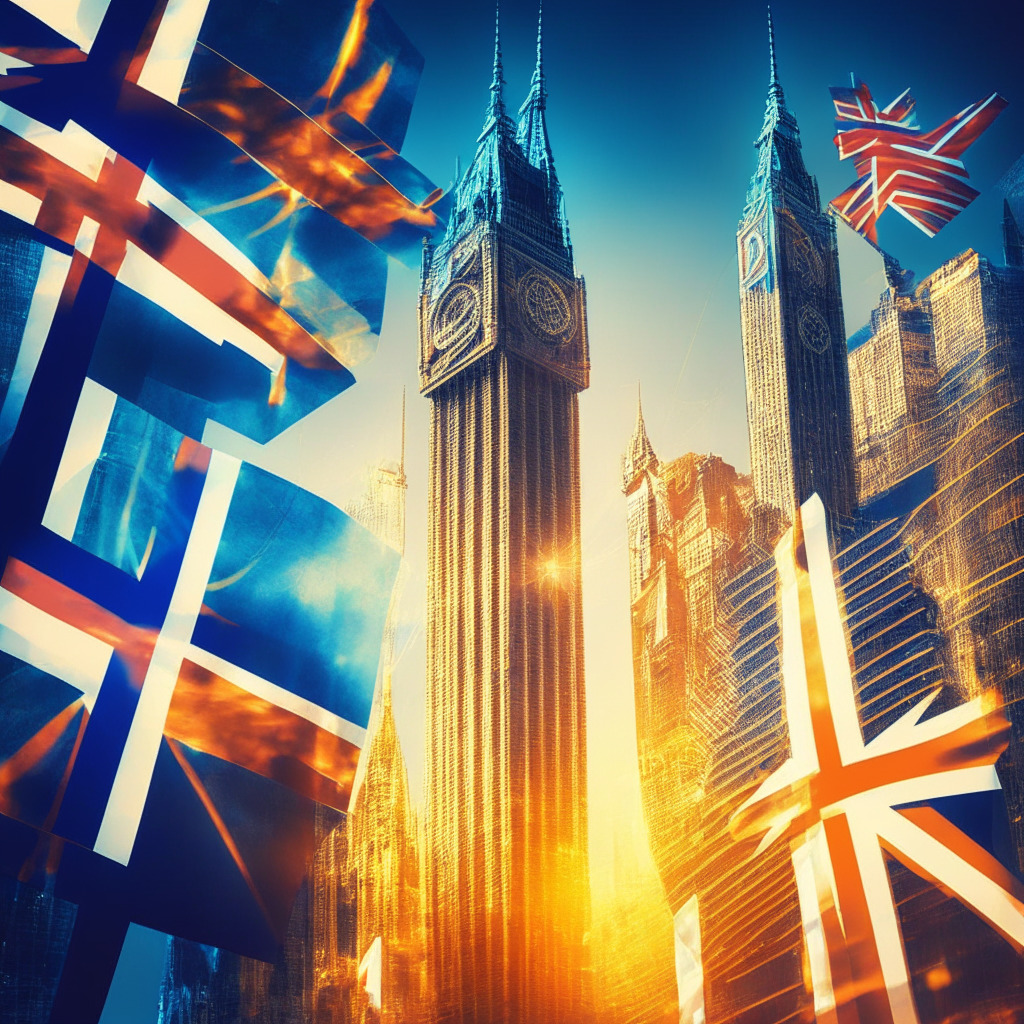 Intricate urban skyline, futuristic high-tech financial district, UK flags waving, Rishi Sunak as a visionary leader, central bank digital currency hologram, diverse crypto entrepreneurs collaborating, luminous Web3 and metaverse elements, soft golden light, vibrant energy, balance of innovation and sustainability.