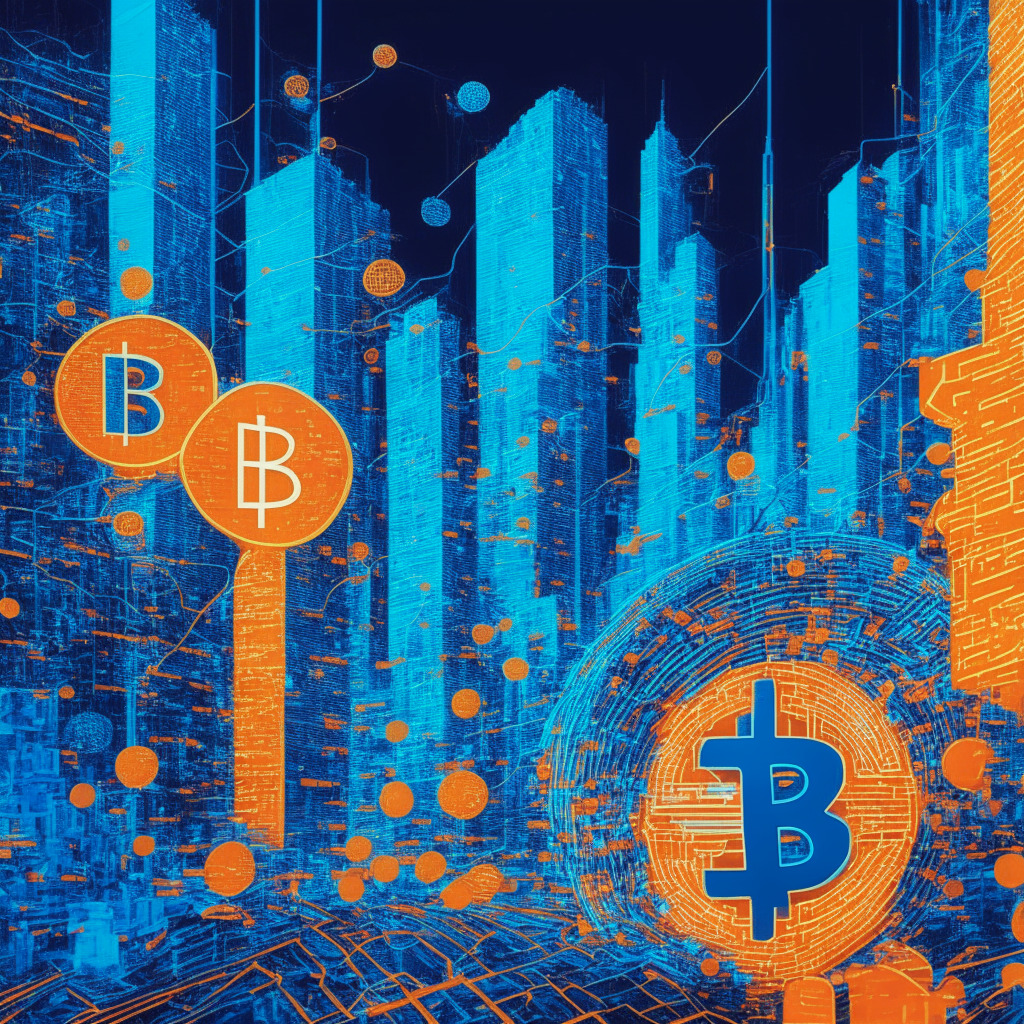 Modern cityscape with Bitcoin network pulsating, vibrant blues and oranges, futuristic style, low-light setting, intricate blockchain patterns, energetic mood, contrasts of speed and stagnation, celebration of record hashrate yet hint of unconfirmed transactions.