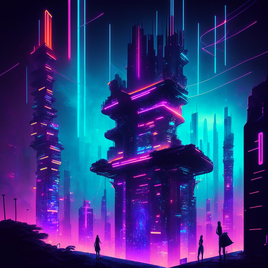 Futuristic virtual cityscape, L1 protocol tower at the center, holographic connected nodes for ETH, BNB, ATOM, SOL & Matic, soft glowing neon lights, vivid DeFi ecosystem activity, silhouettes of people using Eva mobile wallet, cyberpunk art style, dynamic movement, secure ambiance, innovation and disruption prevailing in the air.