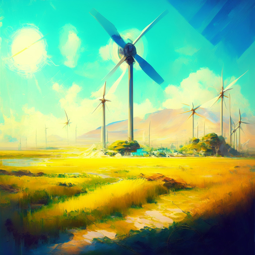 Futuristic clean energy landscape, decentralized renewable ecosystem, warm sunlit aesthetic, empowering earthy tones, Monet-inspired brushwork, hopeful yet cautious atmosphere, PNE token at forefront of innovation & challenges, global energy democracy vision, potential rewards & uncertainties interwoven.