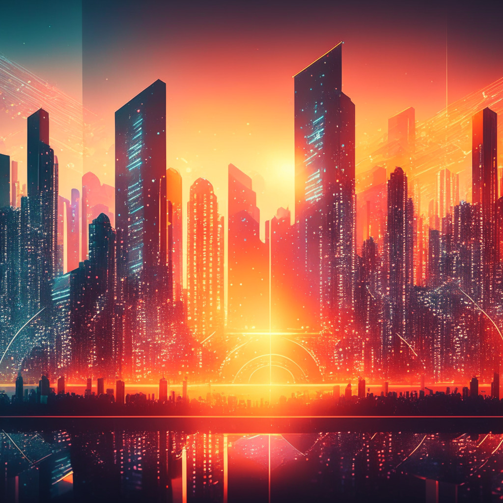Intricate cityscape with futuristic DeFi elements, warm glowing sunset, and Solana blockchain inspired patterns, people managing portfolios at sleek holographic displays, calm atmosphere, diversified crypto funds emanating from a Symmetry engine centerpiece, hints of optimism and innovation.
