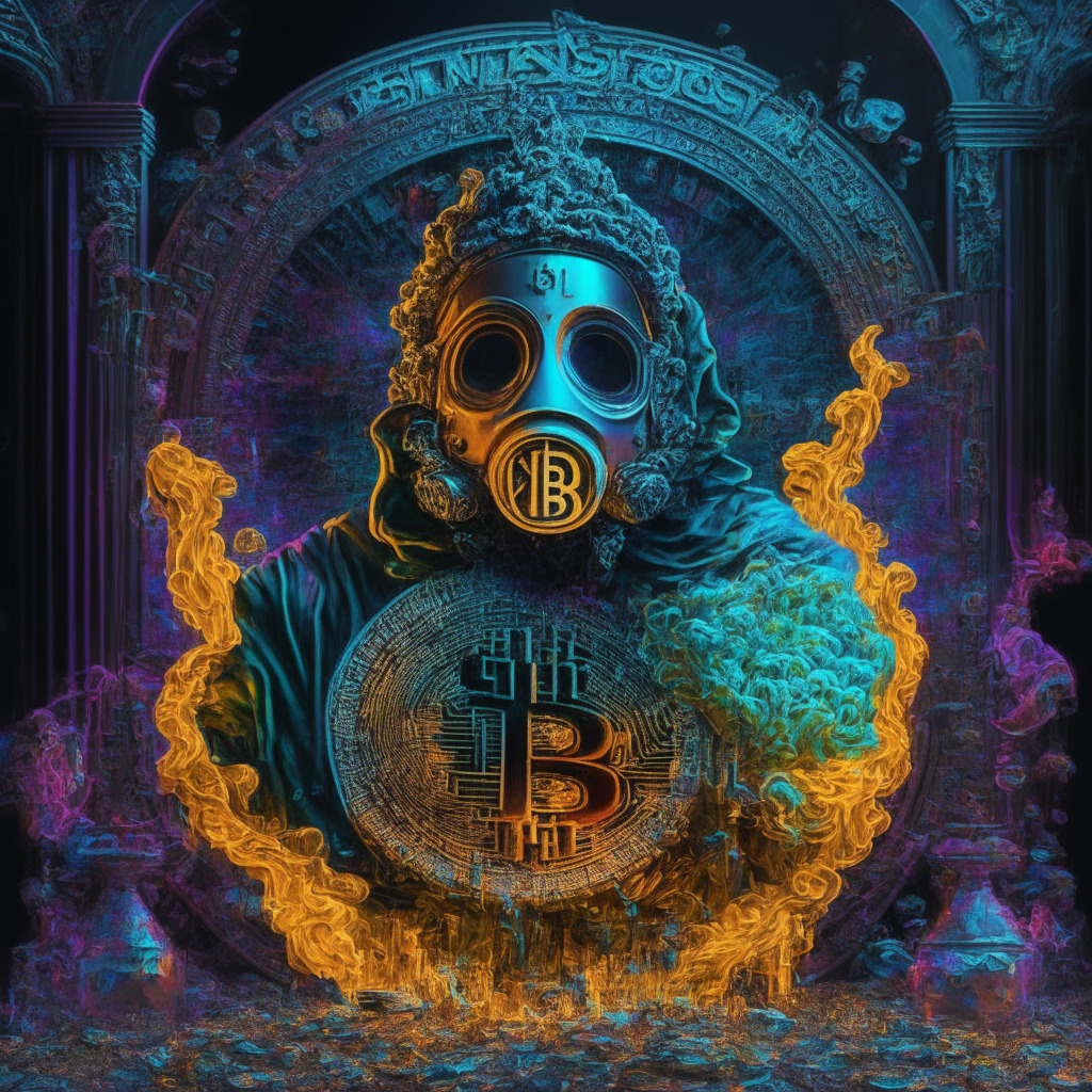 Intricate crypto art scene in metaverse, Bitcoin gas mask centerpiece, vivid colors on digital canvas, chiaroscuro lighting, baroque undertones, reflective NFT ecosystem, triumphant mood capturing artist's journey from poverty to success, digital immortality concept, no logos or brands.