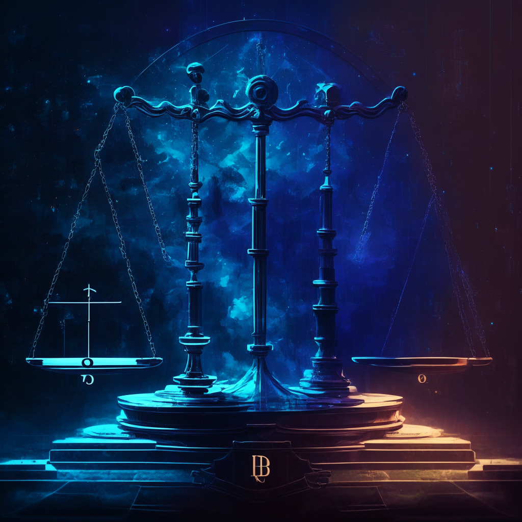 Scales of justice on blockchain background, KYC/AML vs Decentralization, twilight soft lighting, contrasting shadows, moody atmosphere, impressionist style, crypto industry grappling with regulation, digital identity verification, anonymous figures in debate, centralized vs decentralized protocols.