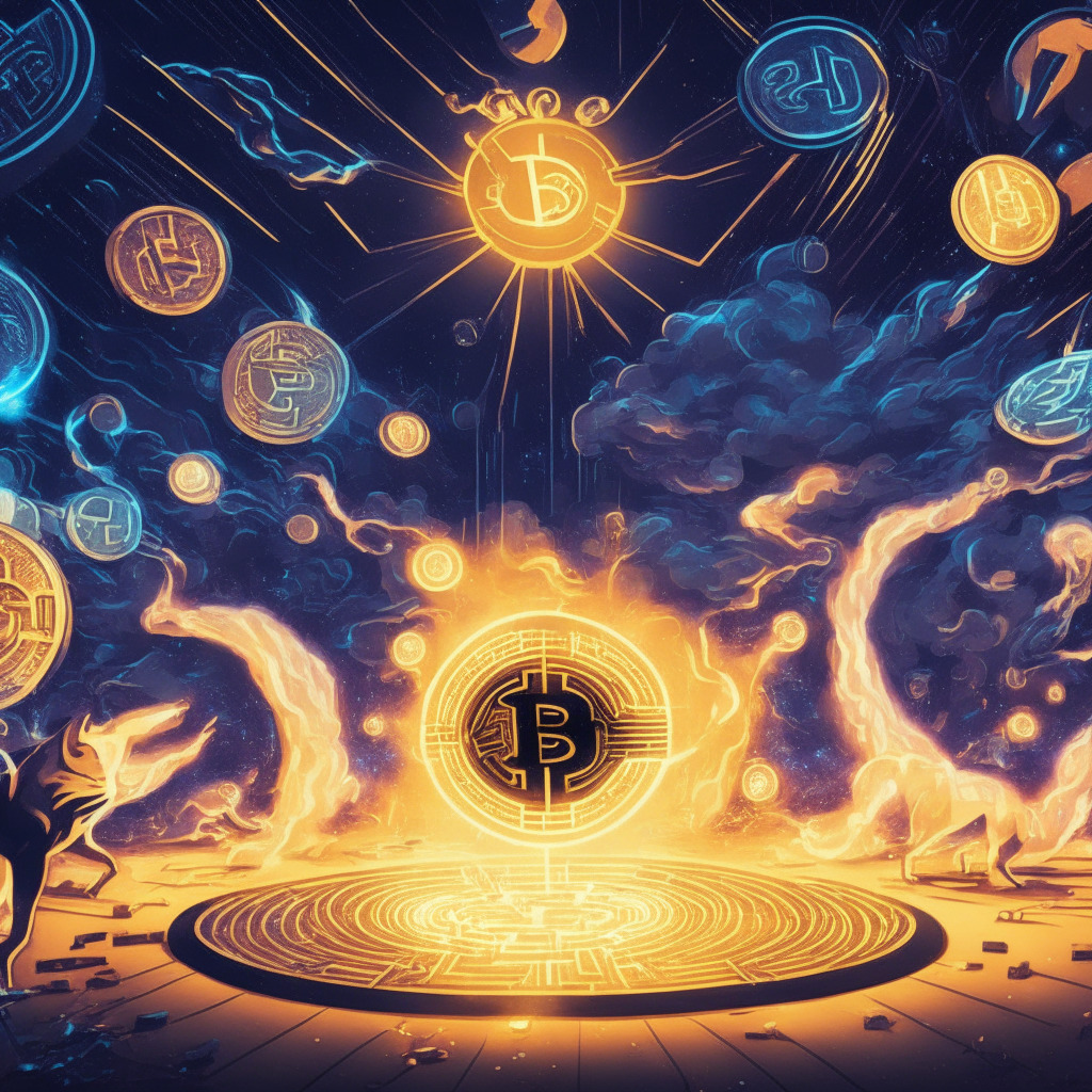 Cryptocurrency showdown scene with cosmic background, featuring stylized representations of ATOM, SHIB, and COLT tokens. Artistic flair, warm glowing light emanating from COLT, symbolizing potential high ROI. Integrate blockchain patterns, hinting at decentralized lending innovation. Captivating, optimistic mood, but shadow of uncertainty present.