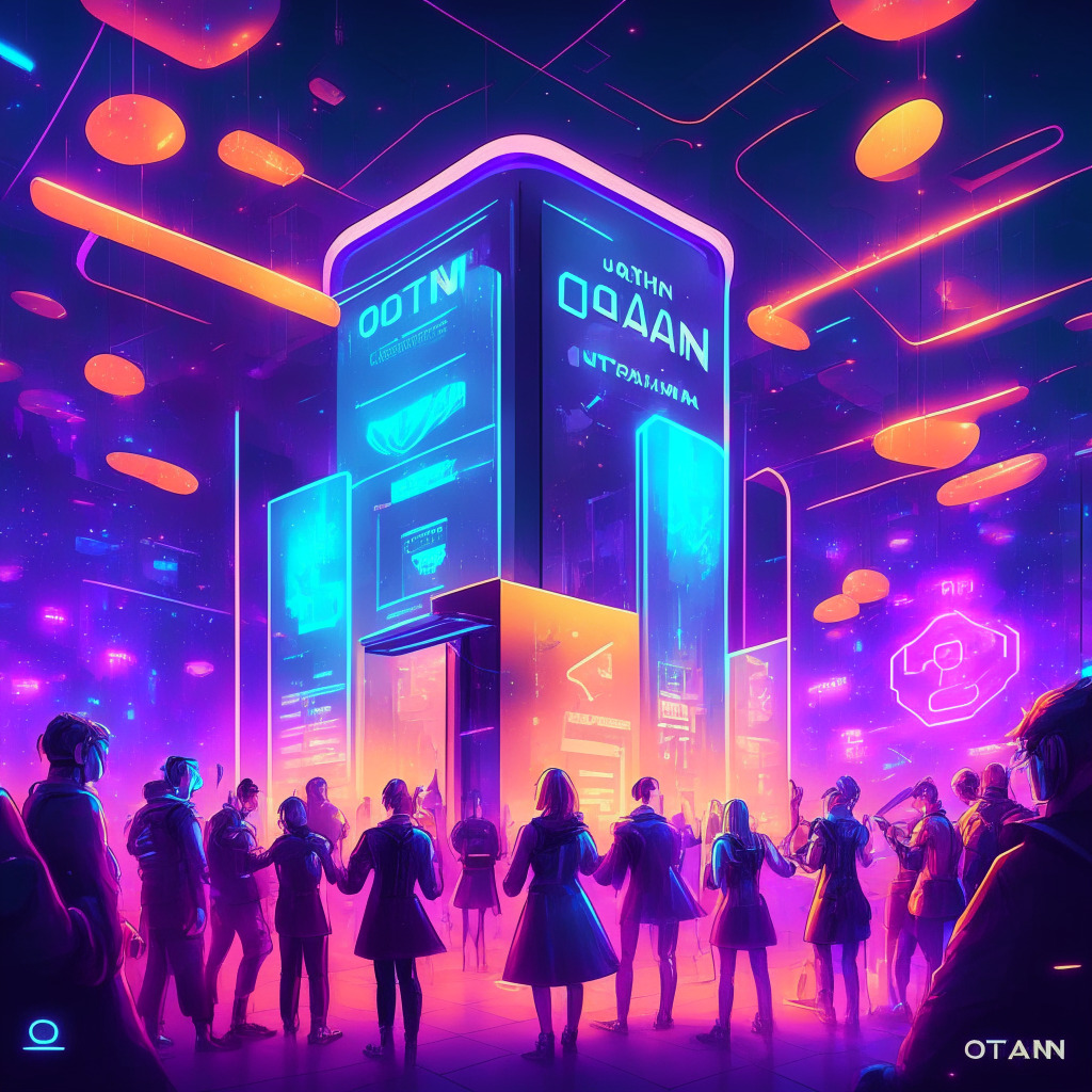 Futuristic event space with vibrant hologram, NFT ticket booth, excited attendees, glowing blockchain elements, warm ambient lighting, cyberpunk cityscape, Ozaru staff assisting users, Ottomakan Stories comic characters, celebratory mood, fluid artistic style, hints of web3 logo.