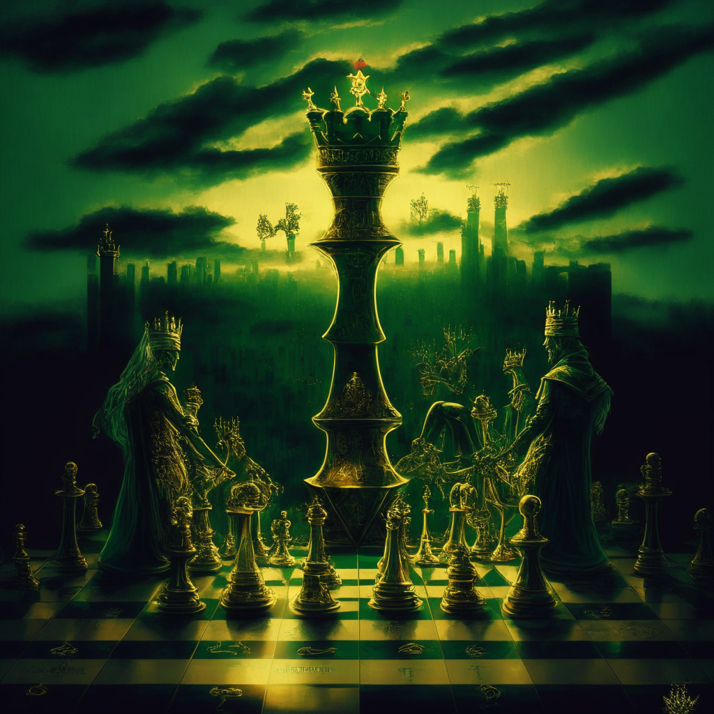Intricate financial chessboard, BNB Chain as the king, Solana & Ethereum as knights, glowing links between blockchain towers, dusk sky, gold, silver & bronze hues, hints of green from Pepe meme, dramatic chiaroscuro lighting, overall mood of triumph & volatility, subtle warning undertones.