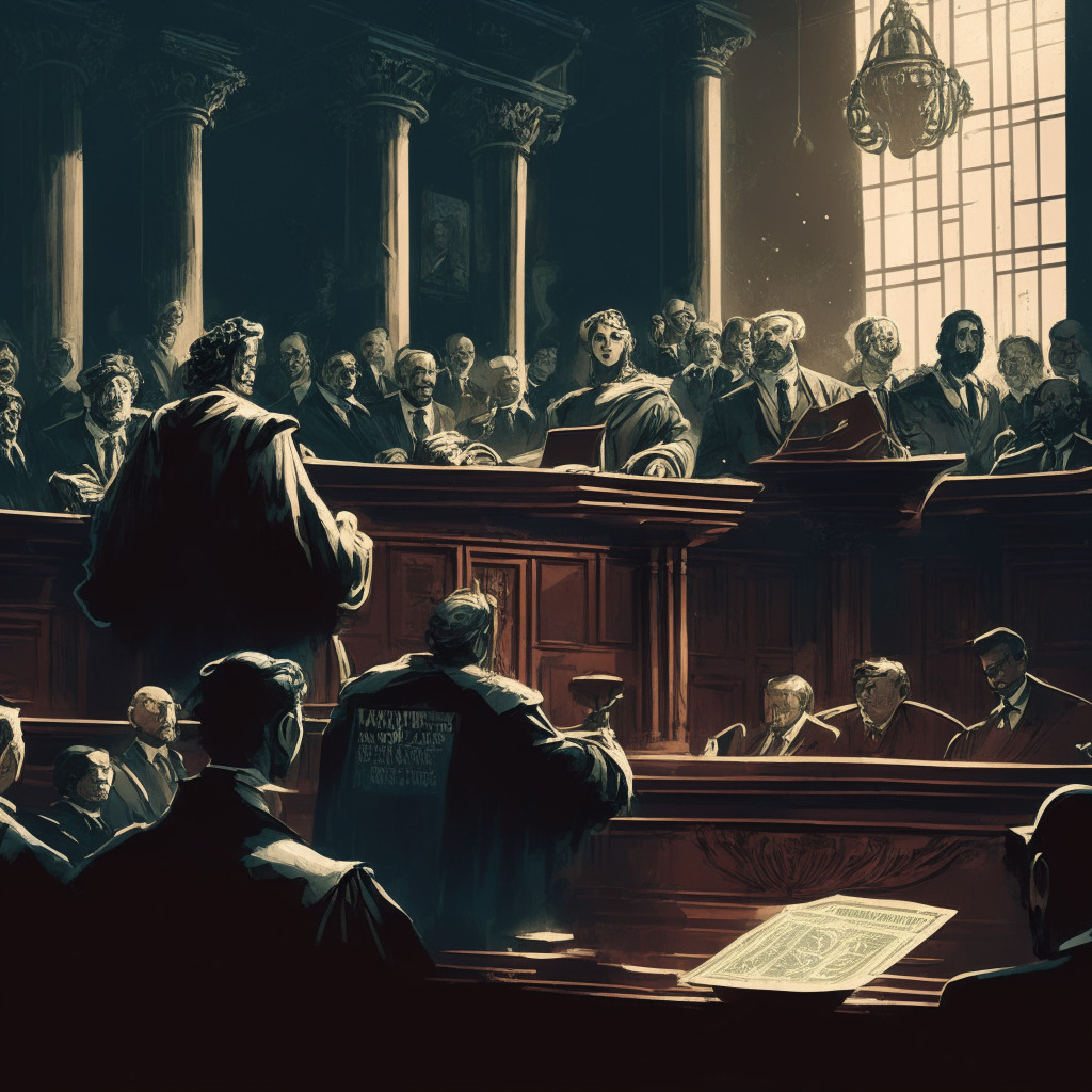 Intricate courtroom scene, diverse investors demanding justice, tense atmosphere, chiaroscuro lighting, Renaissance-style artwork, somber mood, confusion over documents, hidden web of deceit, shadows of crypto coins in the background, balance scale symbolizing equity and fairness, passionate advocacy for transparency, auction gavel poised, hopeful glimpse of asset recovery.