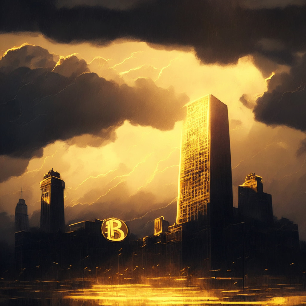 Golden dusk sky over cityscape, central bank looming in the background, Bitcoin symbol floating uncertainly above, tense atmosphere, hints of an unfolding banking crisis, dark storm clouds, subtle chiaroscuro lighting illuminating interest rate decisions, contrasting emotions of worry and hope, elegant expressionist strokes, mood of financial uncertainty.