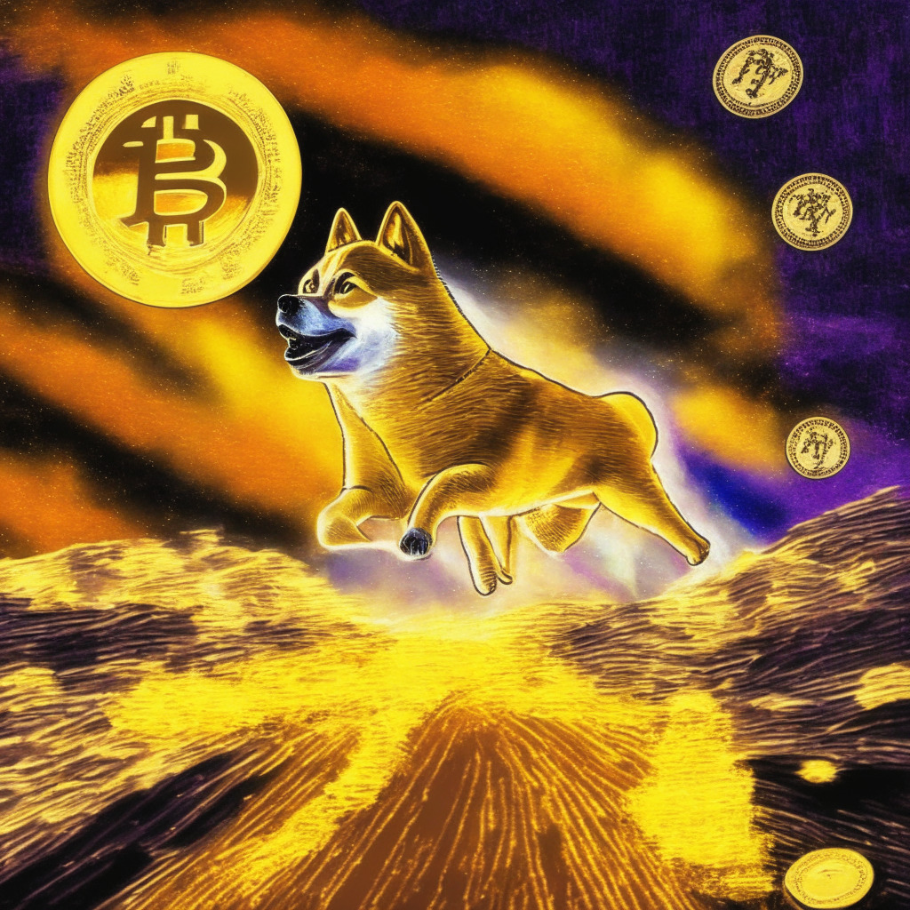 Meme coin race, Pepe Coin soaring, eclipsing Dogecoin & Shiba Inu, dazzling trading volume, cryptocurrency exchange listings, investor curiosity spikes, success stories, unbounded optimism, cautionary undertones, risks in investing, abstract financial art, golden & radiant hues, twilight ambience, enlightening contrast, intrigue & mystery.