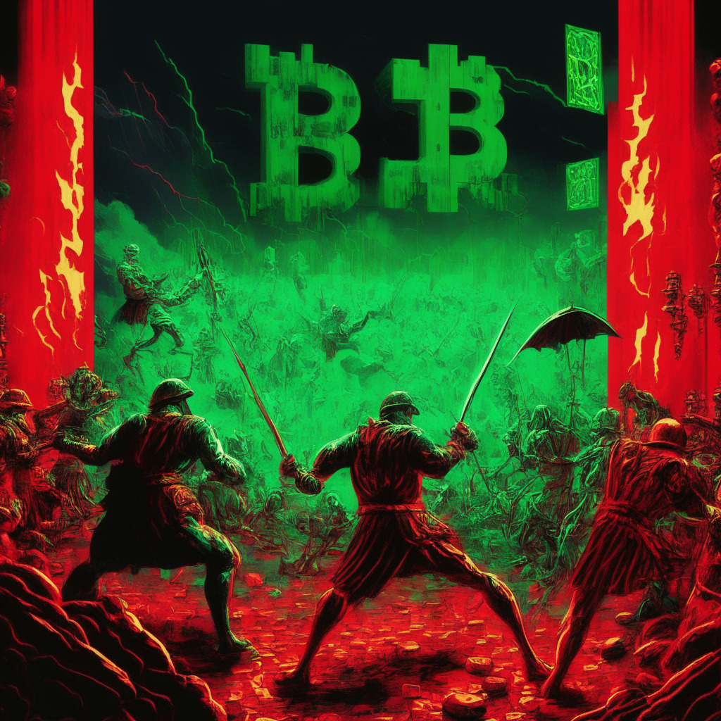 Bitcoin battlefield scene, $30,000 resistance vs. 50-day moving average, tense atmosphere, balanced RSI indicator, bold colors representing high volatility, large red and green candles, miners and investors facing off, uncertain breakout direction, chiaroscuro lighting for contrast and drama, Baroque-inspired style, an air of anticipation and conflict.