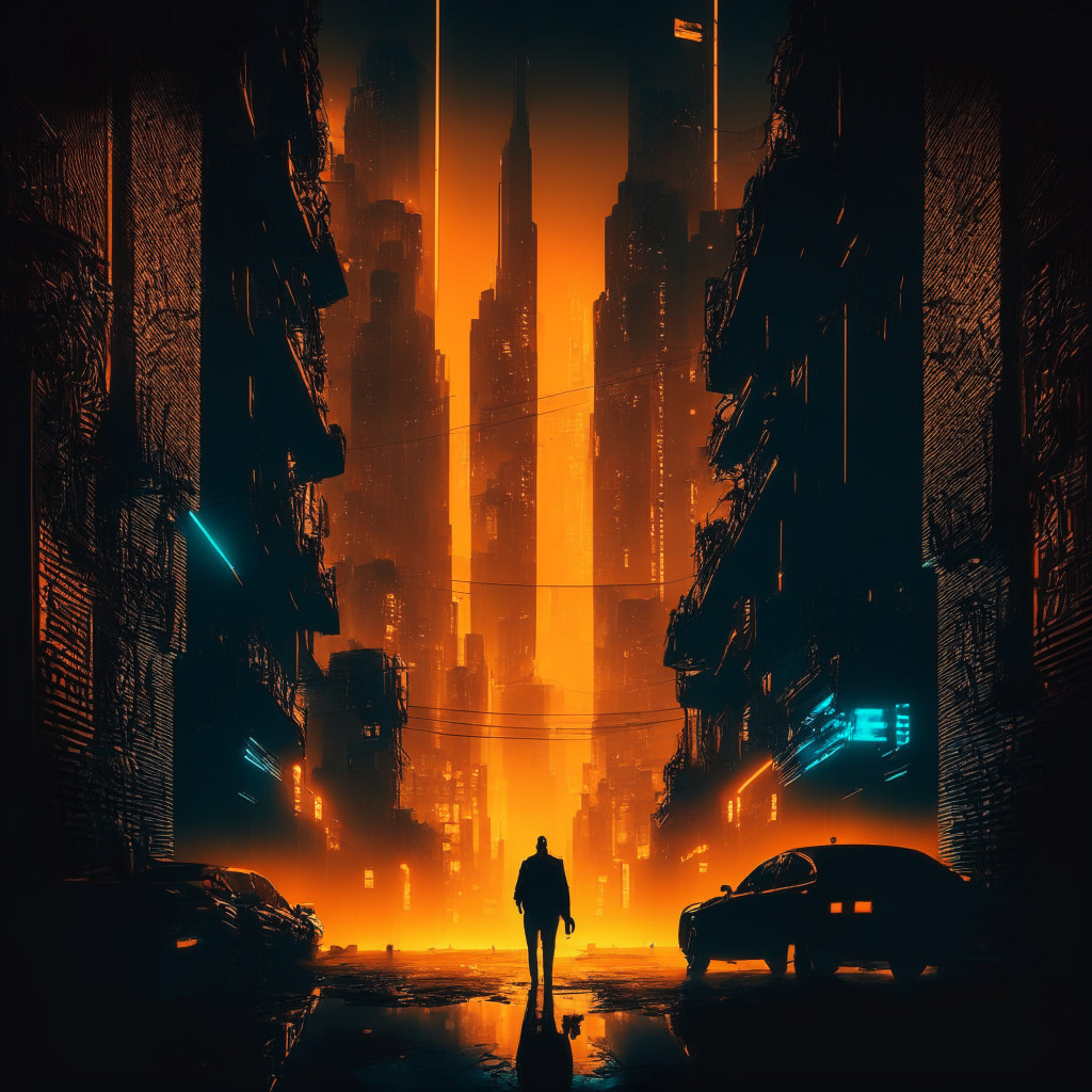 Intricate city skyline, dark shadows cast by skyscrapers, cyberpunk aesthetic, dramatic golden-hour lighting, somber mood, digital currency symbols reflecting on dark alley streets, an FBI agent's silhouette contrasted against glowing neon signs, hint of suspicion and tension in the air.