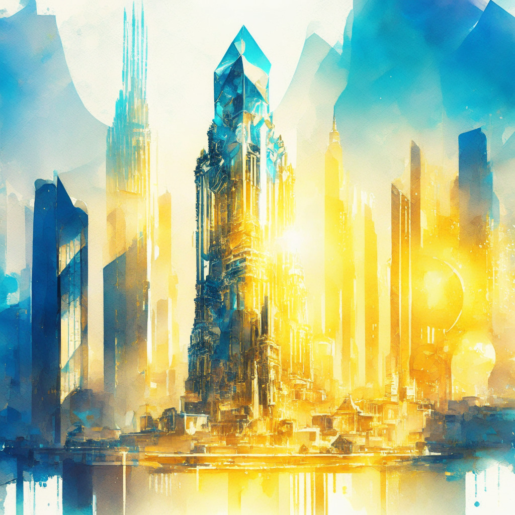 Intricate cityscape with futuristic architecture, scales of justice in foreground, abstract crypto symbols, beams of sunlight illuminating buildings, soft watercolor painting style, calm atmosphere, hues of blue and gold, sense of balanced regulation and innovation in cryptocurrency industry.