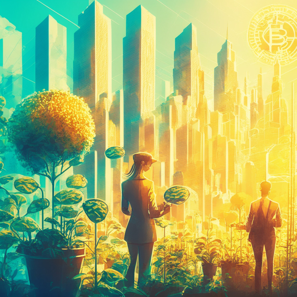 Meticulous crypto artwork, warm sunlight setting, soft impressionistic style, tranquil mood. Depict a vibrant digital cityscape, showcasing traditional financial buildings & futuristic blockchain structures, people exchanging digital assets, a graph showing market cap & TVL ratios, growing plants symbolizing growing adoption.