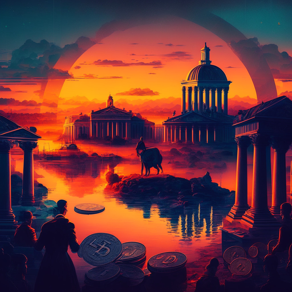 Innovative blockchain landscape, diverse developers from around the globe, crypto currencies with contrasting colors, US policymakers in the background, dusk setting with warm hues, chiaroscuro lighting, Baroque-inspired composition, tense yet hopeful atmosphere.