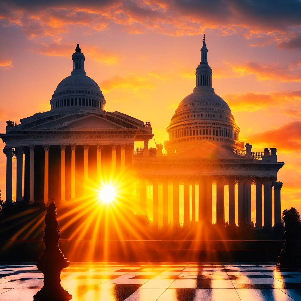 Cryptocurrency advocacy in action: A new dawn in Washington, warm, glowing sunrise over Capitol building, Blockchain Association members engaging in dialogues, contrast of resilience & determination, a chessboard symbolizing the strategic shift amidst regulatory storm, rays of hope for the crypto industry in the US, balancing innovation & consumer safety.
