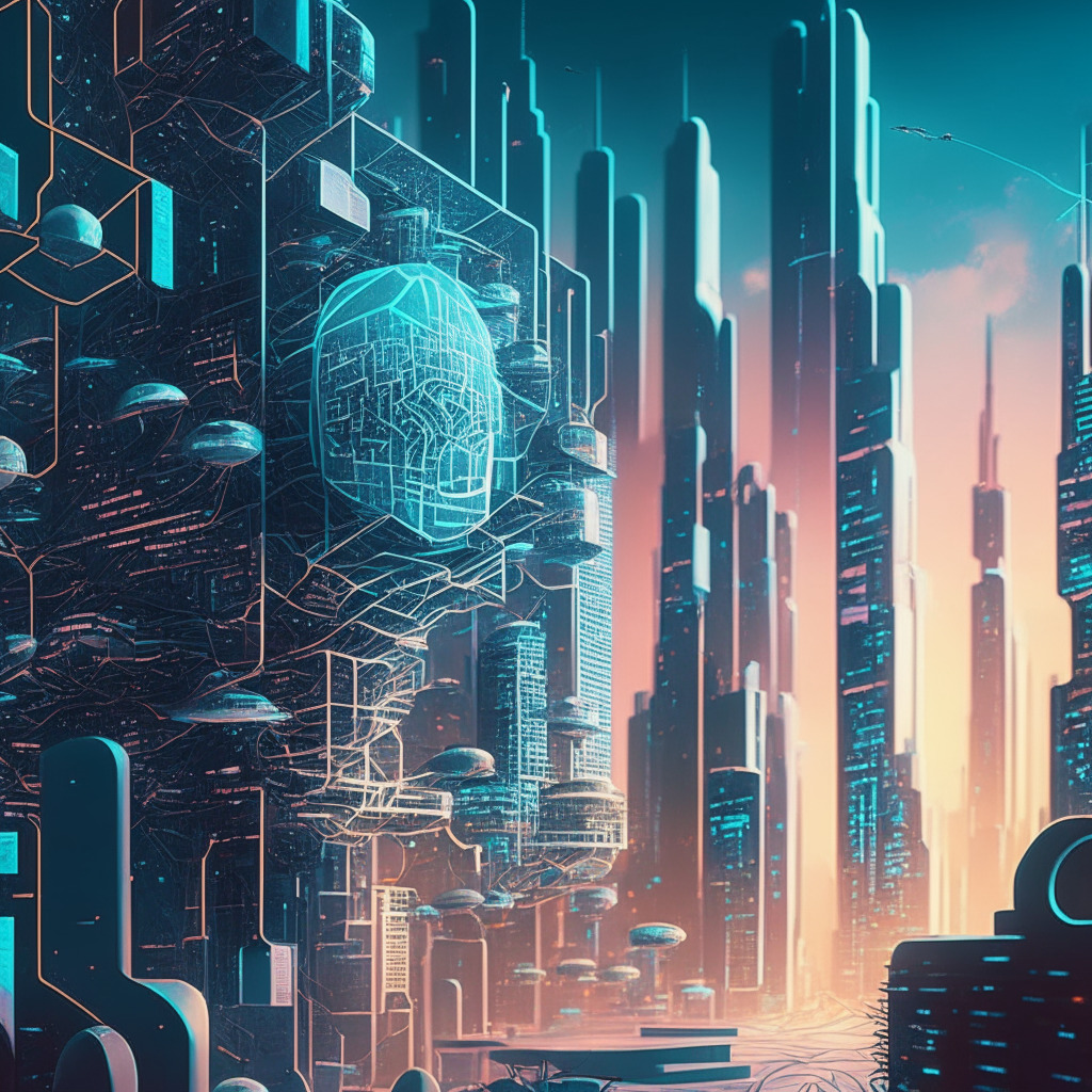 Futuristic cityscape powered by blockchain, contrasting light and shadow, intricate details of transparent financial transactions, artistic representation of decentralized networks, secure storage interwoven throughout, essence of innovation and skepticism, non-fungible tokens and DeFi elements, mood of curiosity and cautious optimism.