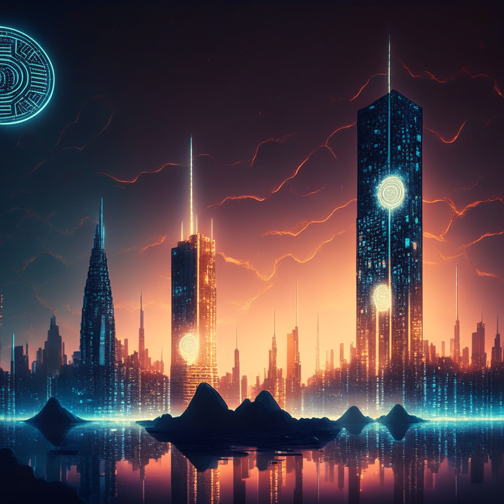 Cryptocurrency evolution scene: dusk skyline, Cardano and Bitcoin as contrasting structures, Cardano embodying vibrant, futuristic design, soft glowing lights, Bitcoin as an older, antique tower, strong but limited, chiaroscuro effect accentuating details, mood of anticipation, advancement at horizon.