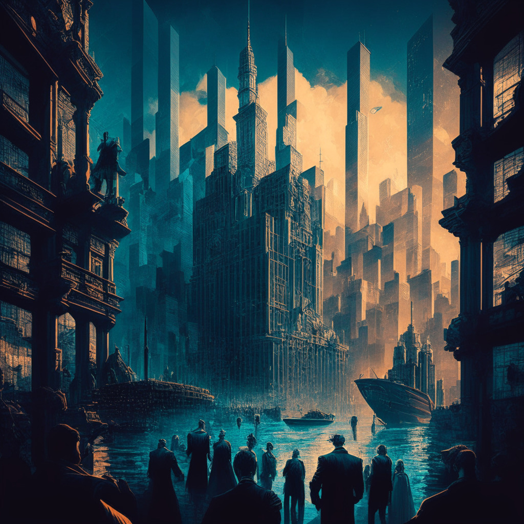 Intricate cityscape with crypto theme, diverse characters debating, offshore exchange platform in the background, chiaroscuro lighting, Baroque style, tension-filled ambience, subtle sense of uncertainty, contrasting bold colors, SEC crackdown shadow looming.