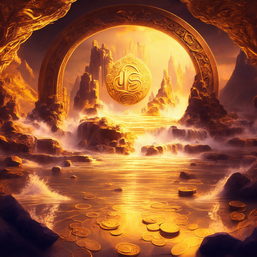 Mystical DeFi landscape, golden-hued light, baroque art style, financial growth, dynamic blockchain background, incentivized ecosystem, liquidity pools intertwining, ancient coins as Fuse Tokens (FUSE) & USD Coin (USDC), undercurrent of risk & reward, Fuse Ignite initiative launching.
