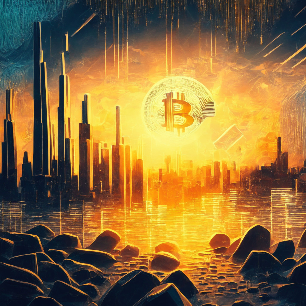 Cryptocurrency optimism, abstract financial landscape, warm evening glow, a blend of impressionistic and futuristic style, bustling energy, hopeful mood, bitcoin & ethereum stability, intertwining elements of traditional finance and digital currencies, whispers of uncertainty, anticipating major announcement.