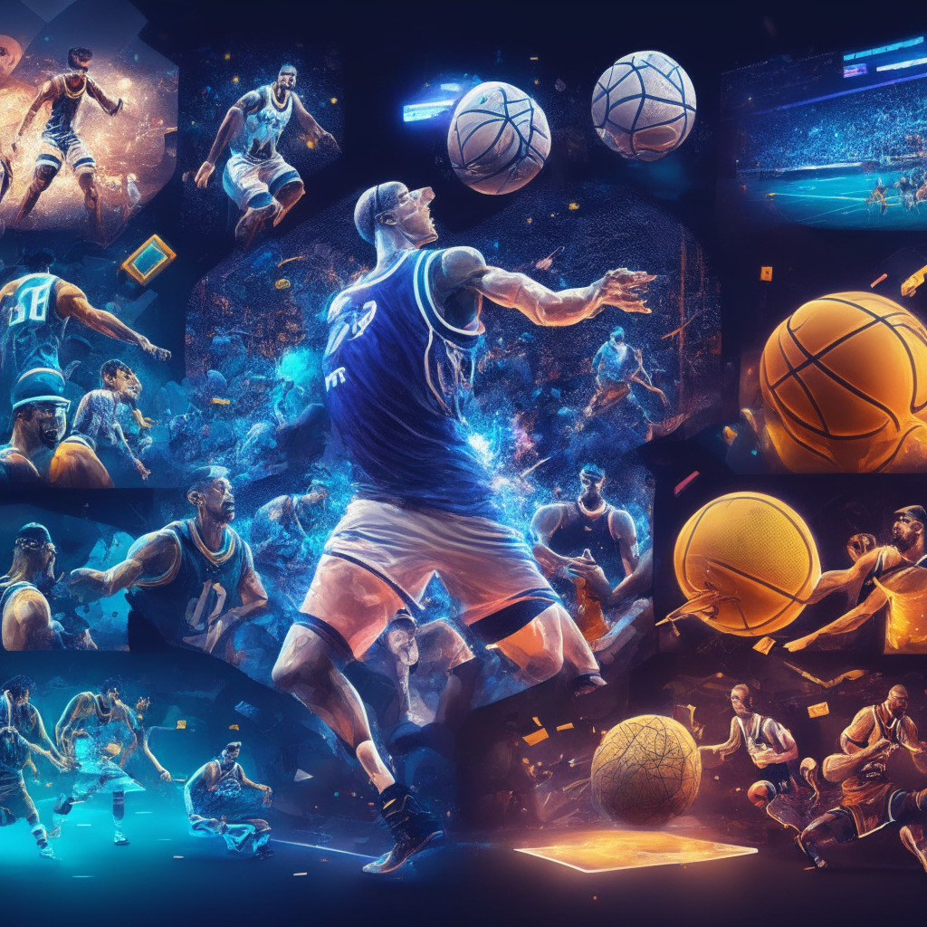 Intricate virtual sports world, crypto gaming platform, diverse disciplines, basketball, soccer, football, baseball, ice hockey, Ethereum, Binance, blockchain-powered, play-to-earn, skill development, social interaction, NFT collectibles, day to night lighting, lively ambience, competitive scene, teamwork emphasis, dynamic artistic style, engaging and immersive experience.