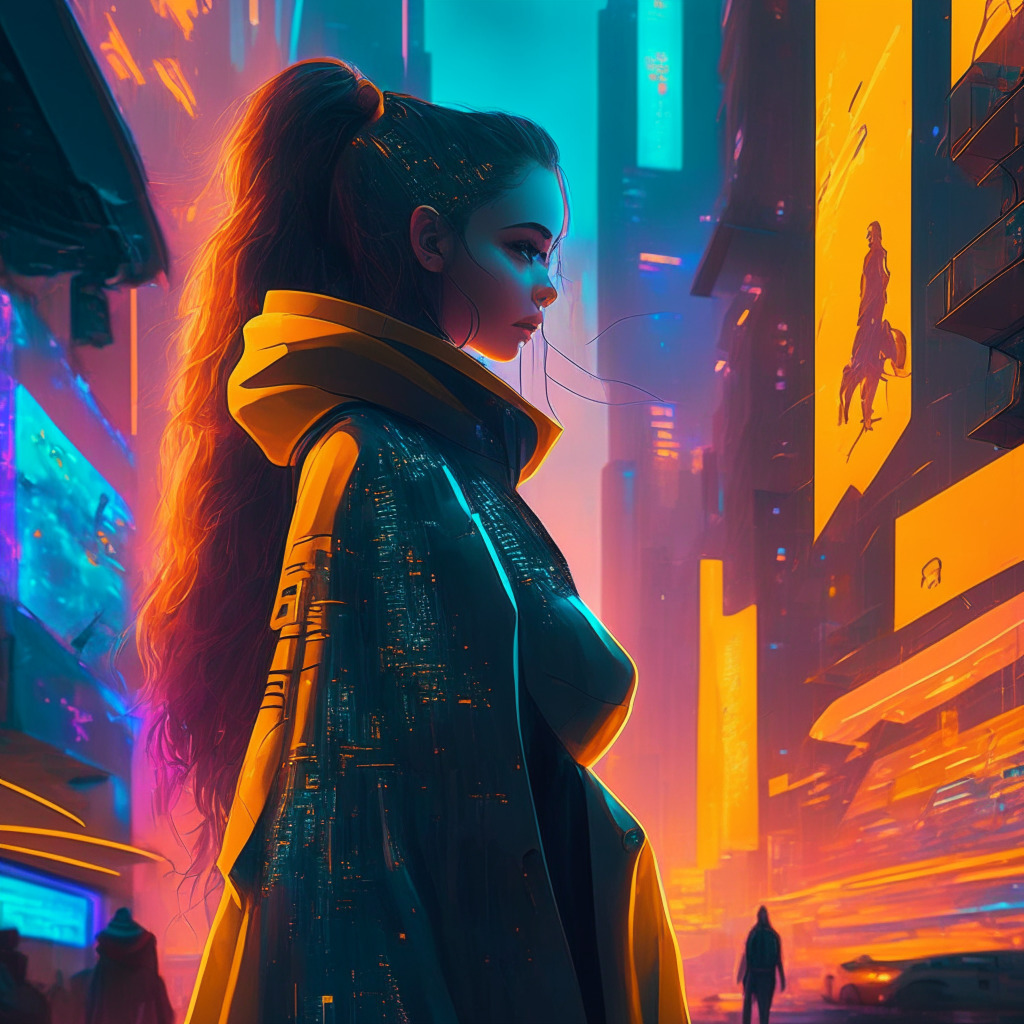 AI companion in crypto exchange, futuristic cyberpunk cityscape, Amy assisting user, contrasting light & shadows, warm and cool colors, dynamic composition, vivid holographic displays, Binance cautious, undercurrent of tension, mood of curiosity & innovation, no brand logos, AI technology's potential risks & benefits.