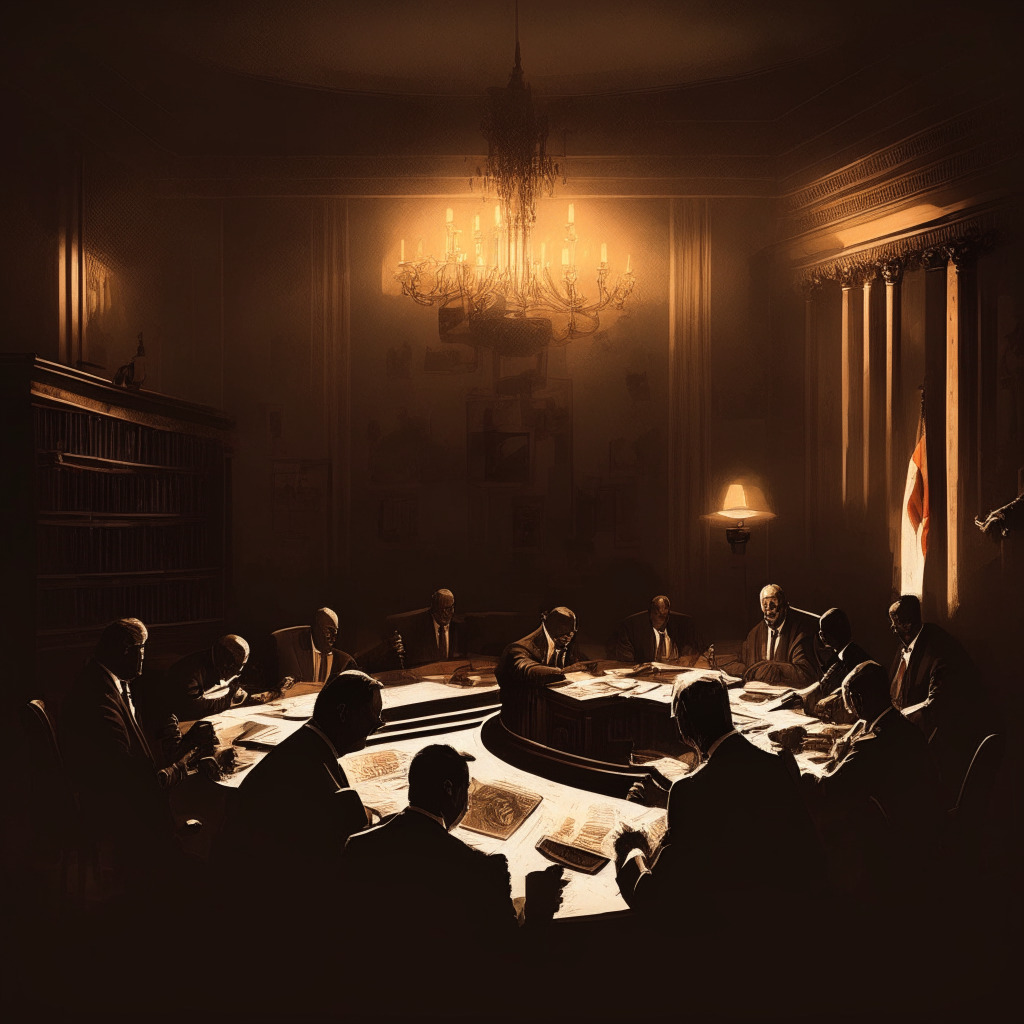 Intricate congressional scene, Democratic & Republican Reps collaborating, serious expressions, drafting legislation, dimly lit room, subtle shadows, warm hues, solemn mood, digital currency symbols hovering, essence of potential regulatory conflict, focus on restoring public trust.