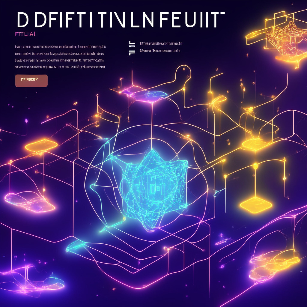 Intuitive DeFi platform, radiant futuristic light setting, simplifying complex transactions, warm inviting atmosphere, seamless integration, expansive digital landscape, diverse virtual participants, glowing interconnected nodes, vibrant one-click actions, potential scalability concerns, hopeful for mass adoption.