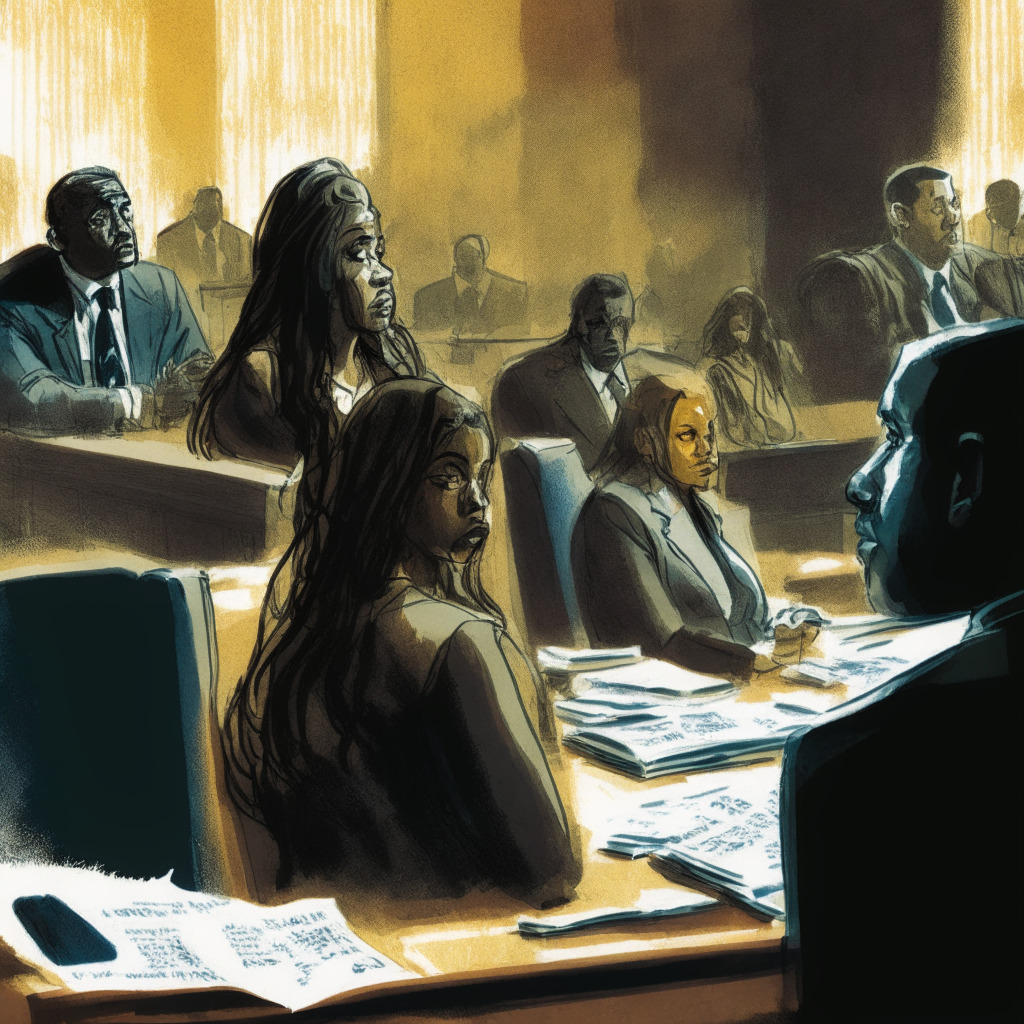 A tense courtroom scene, Alex Mashinsky at the center, facing Attorney General Letitia James, intricate details of legal documents strewn about, shadows playing across the scene to emphasize the conflict, a blend of realism and impressionism, muted colors conveying seriousness and tension, a looming visual of cryptocurrency symbols symbolizing uncertainties.