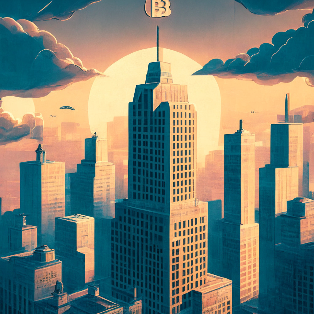 Aerial cityscape with Bitcoin logo, Fed building, dusk sky, soft pastel colors, tension in the air, stable Bitcoin price displayed, juxtaposition of traditional banks and cryptocurrency, potential economic uncertainty, mix of art deco and modern style, overall mood of cautious optimism.
