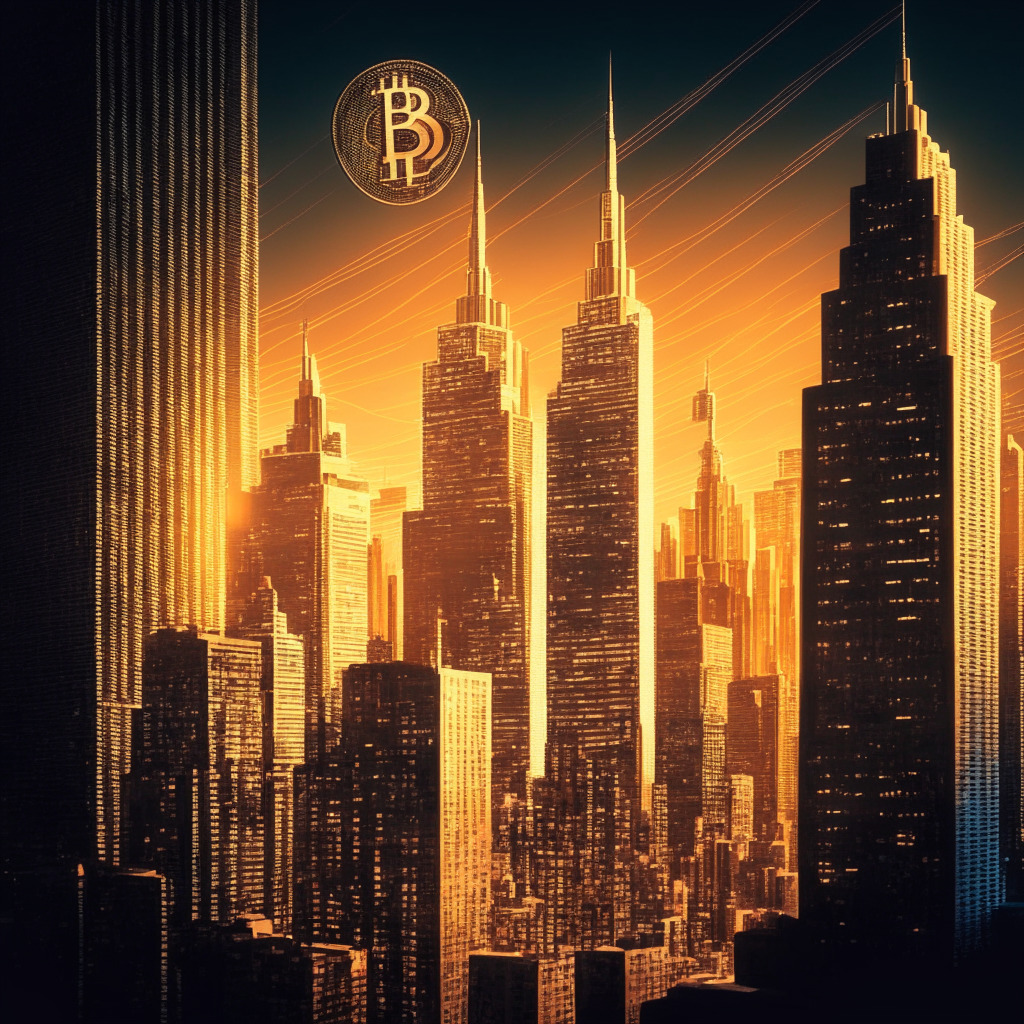 Intricate city skyline with central bank, glowing Bitcoin symbol amidst skyscrapers, dusk lighting, Art Deco style, contrasting shadows, optimistic mood, focal point: Fed rate hike announcement & stable Bitcoin price, background hints of inflation concerns, resilience of banking system.